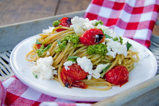 Pasta with Roasted Cherry Tomatoes, Ricotta and Pesto