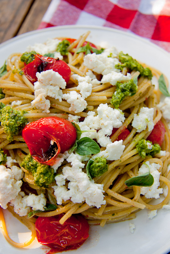 Pasta with Roasted Cherry Tomatoes, Ricotta and Pesto - Simply Delicious