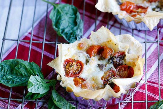Crispy Phyllo tarts with tomatoes, mozzarella & anchovies
