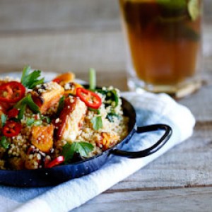 Whole-wheat couscous salad with haloumi and sweet potato
