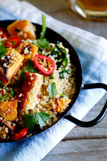 Whole-wheat couscous salad with haloumi and sweet potato
