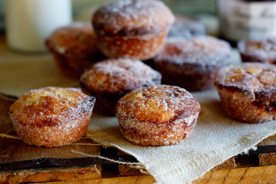 Baked doughnut muffins with blueberry jam