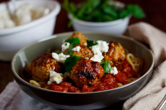 3-meat & Ricotta Meatballs in Tomato sauce on Spaghetti 