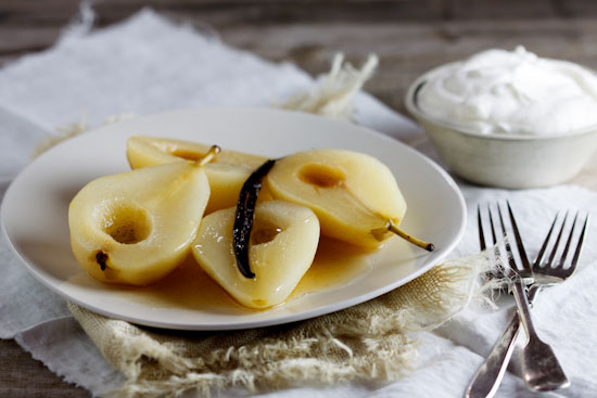 Wine-poached pears with Vanilla 'mousse'