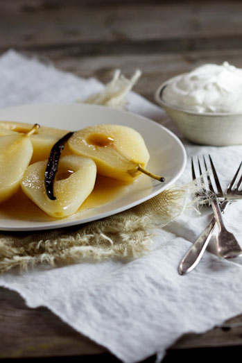 Wine-poached pears with Vanilla 'mousse'