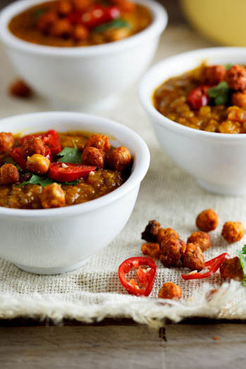 Spicy Lentil & Coconut soup with Roasted Chickpeas 
