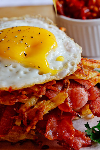 Potato Rösti, Bacon & Egg stacks with Tomato relish