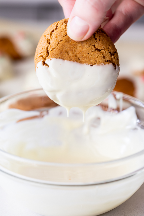 Ginger cookies dipped in white chocolate. 