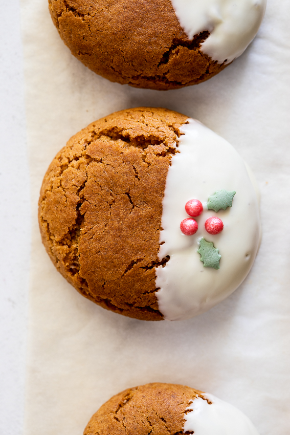 Festive white chocolate dipped ginger cookies