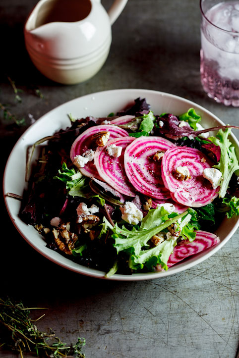 Candy-stripe beetroot salad with candied pecans and goat's cheese