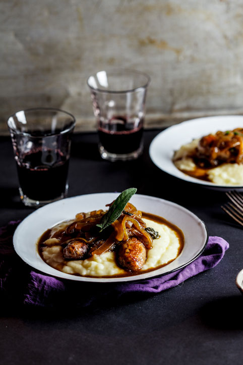 Sage-roasted pork sausages on mash with the ultimate onion grav