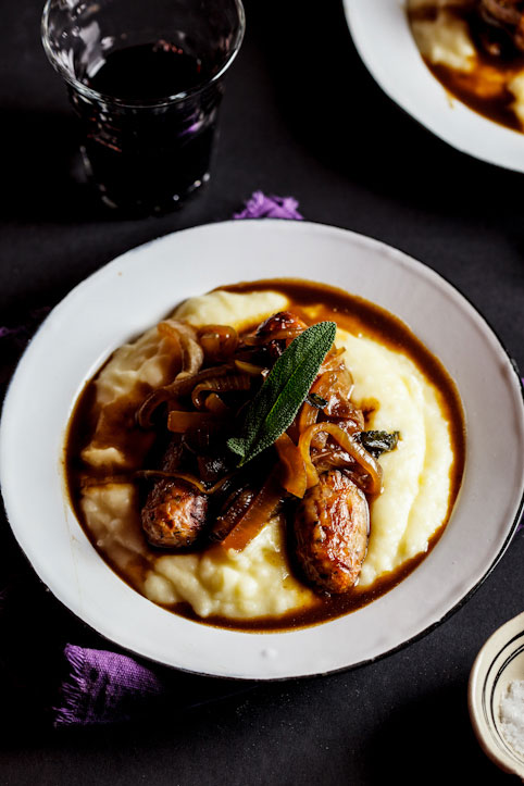 Sage-roasted pork sausages on mash with the ultimate onion grav