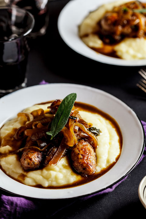 Sage-roasted pork sausages on mash with the ultimate onion grav