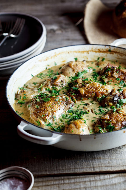 Deeply savoury and delicious, Nigel Slater's Coq au Riesling will quickly become a favorite quickly. Chicken cooked with white wine, cream and mushrooms. 