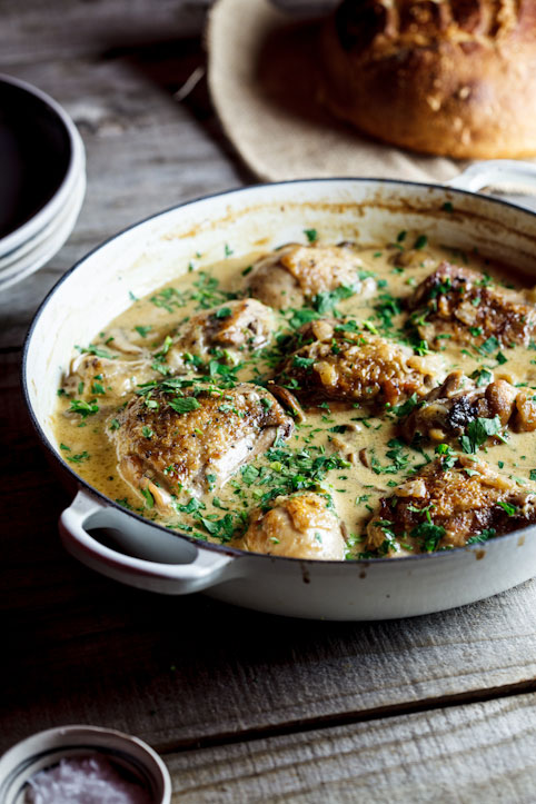 Deeply savoury and delicious, Nigel Slater's Coq au Riesling will quickly become a favorite quickly. Chicken cooked with white wine, cream and mushrooms. 