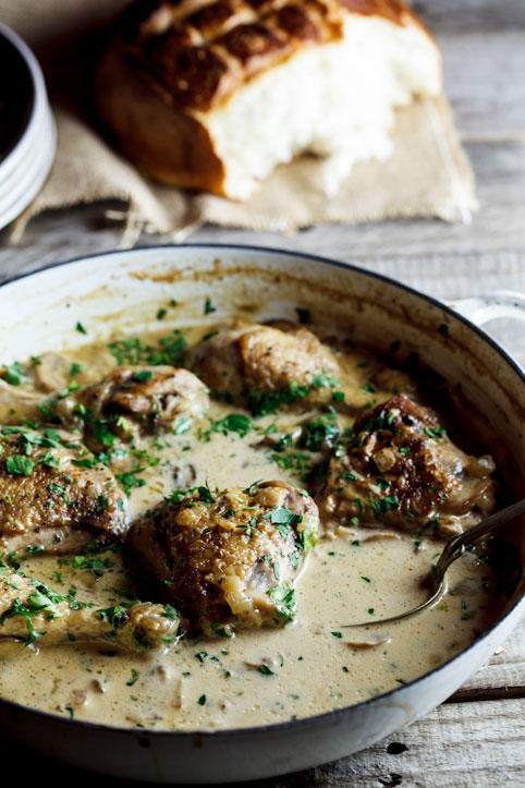 Deeply savoury and delicious, Nigel Slater's Coq au Riesling will quickly become a favorite quickly. Chicken cooked with white wine, cream and mushrooms. 