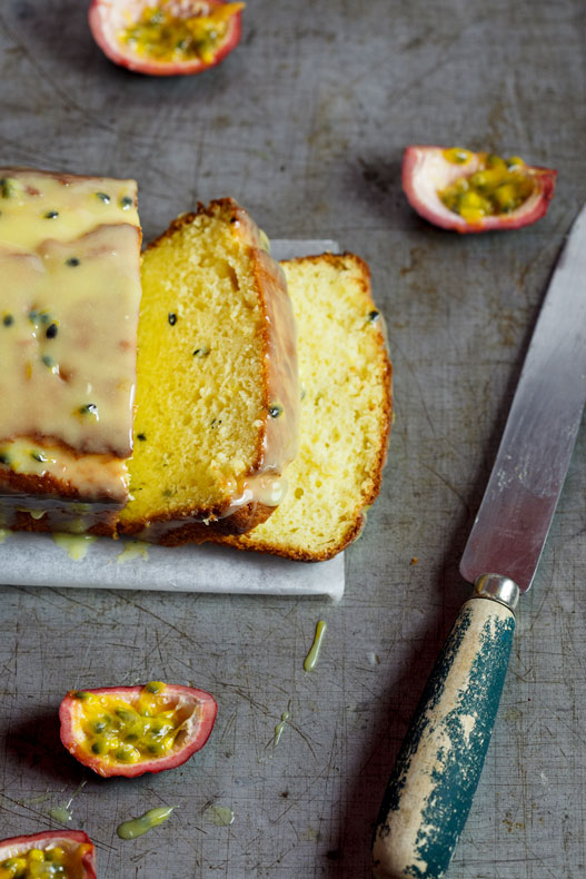 Passion fruit yoghurt cake with white chocolate drizzle