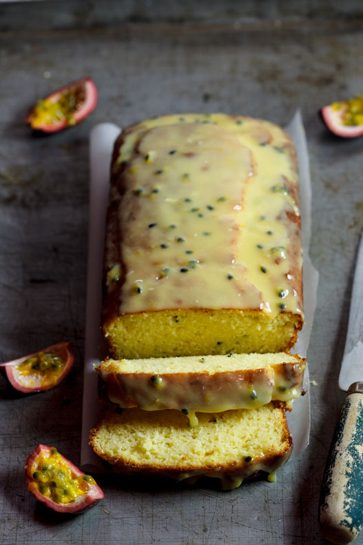 Passion fruit yoghurt cake with white chocolate drizzle