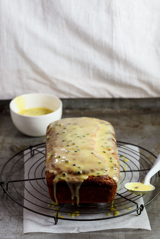 Passion fruit yoghurt cake with white chocolate drizzle