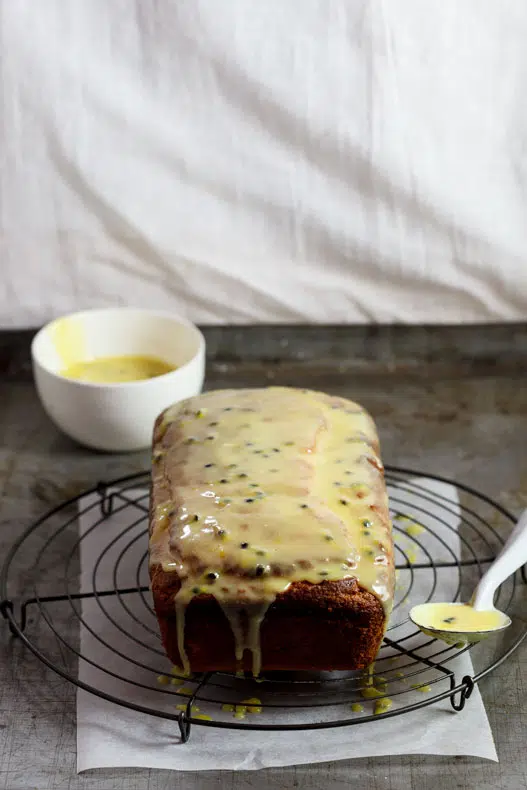 Passion fruit yoghurt cake with white chocolate drizzle Passion fruit yoghurt cake with white chocolate drizzle
