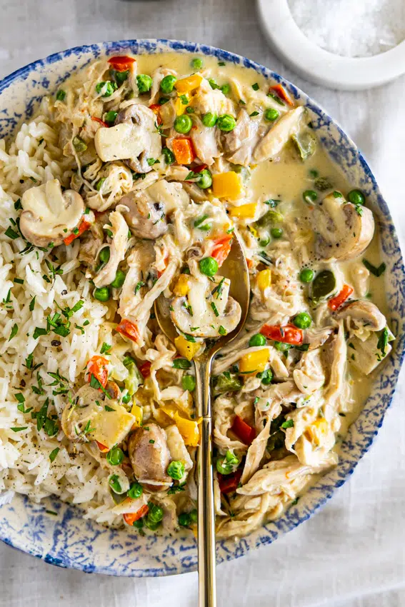 Chicken a la king served with rice