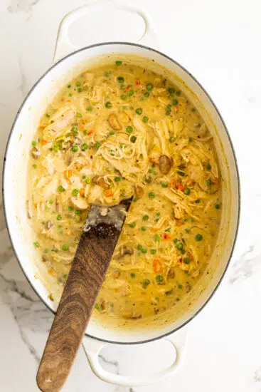 Chicken and vegetables in creamy sauce.