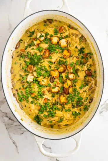 Chicken a la king in pot.