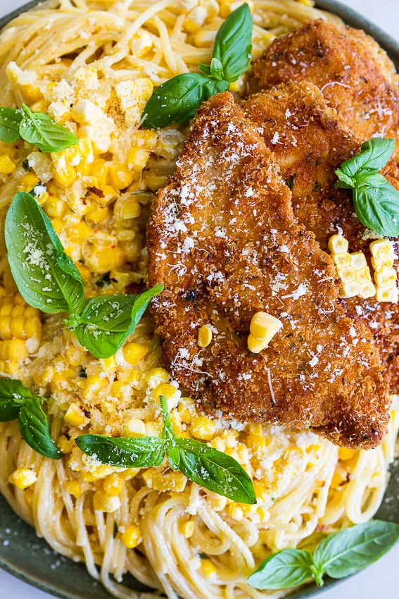Creamy corn pasta with parmesan crusted chicken
