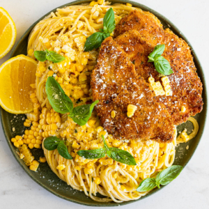 Creamy corn pasta with parmesan crusted chicken