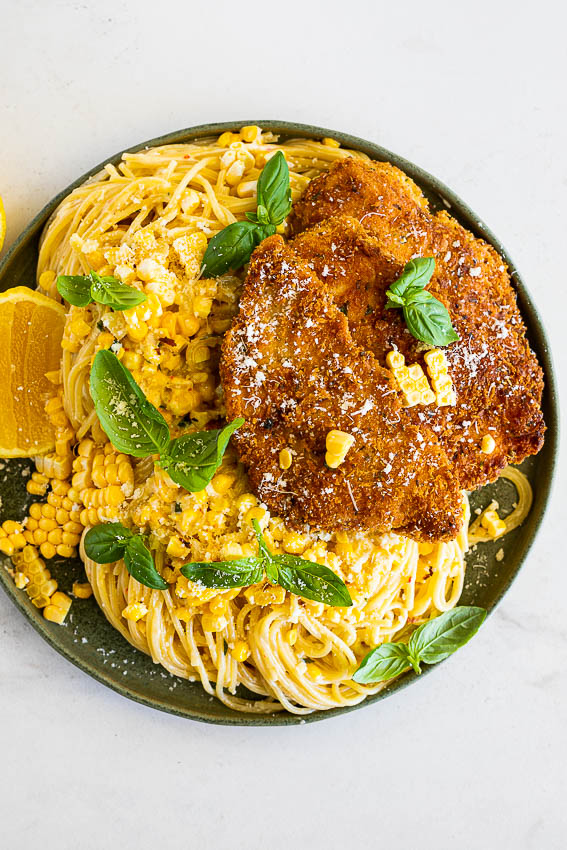 Creamy corn pasta with parmesan crusted chicken