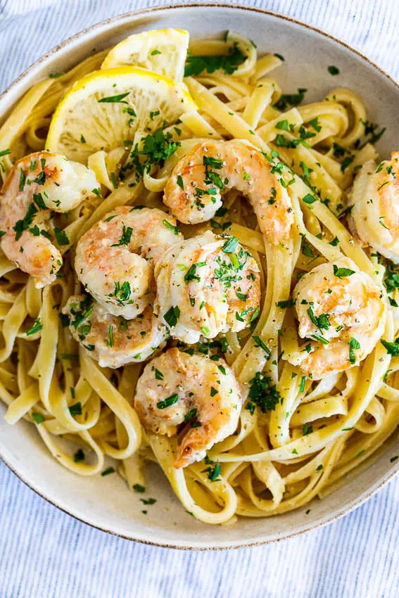 Pasta al limone with shrimp