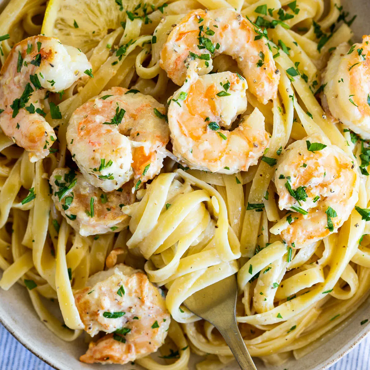 Pasta al limone with shrimp