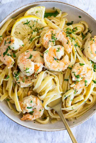 Pasta al limone with shrimp