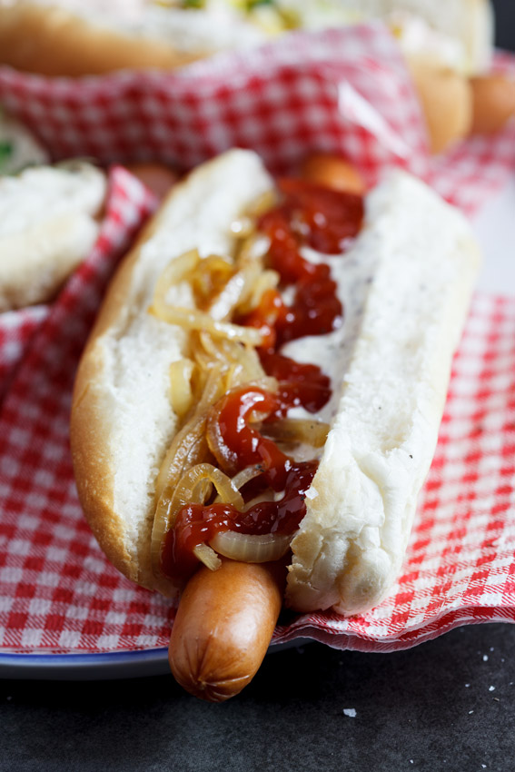 Classic hot dog with fried onions and mustard-mayo
