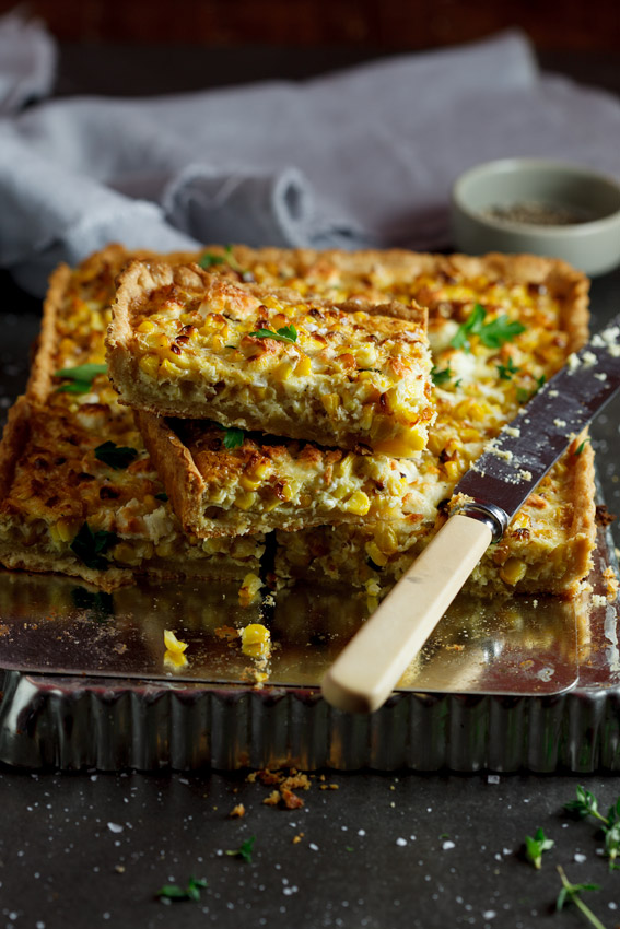 Roasted sweet corn and feta quiche