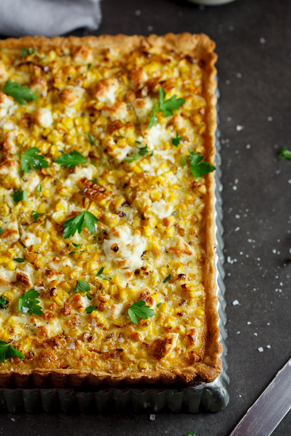 Roasted sweet corn and feta quiche