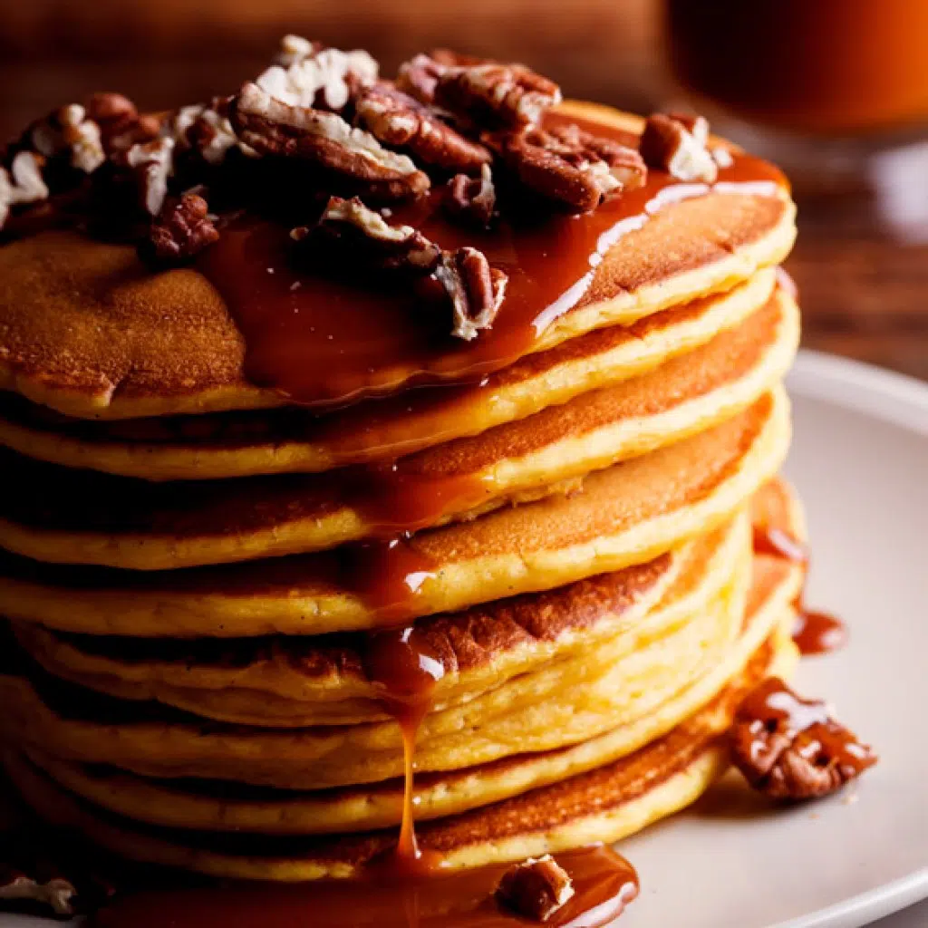 Whole-wheat pumpkin pancakes with salted caramel