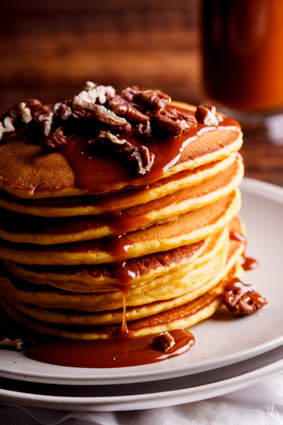 Whole-wheat pumpkin pancakes with salted caramel