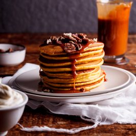 Whole-wheat pumpkin pancakes with salted caramel