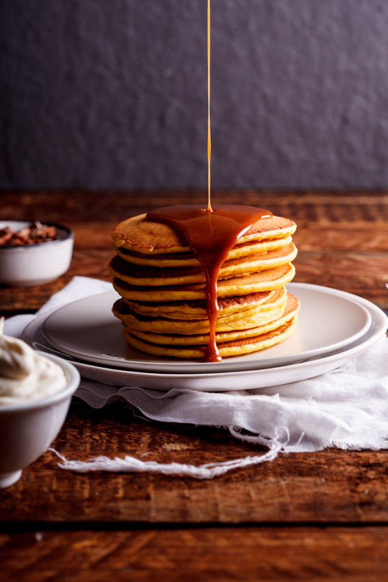 Whole-wheat pumpkin pancakes with salted caramel