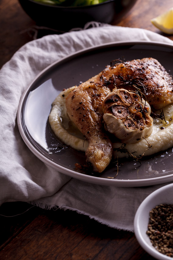 Garlic roasted chicken with cauliflower puree - Simply Delicious