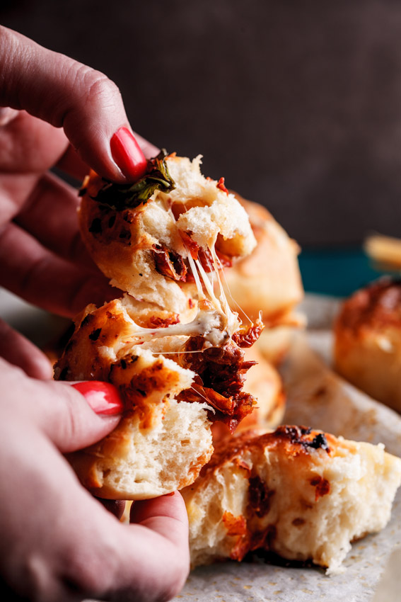 Pizza rolls with sundried tomatoes, basil and garlic butter