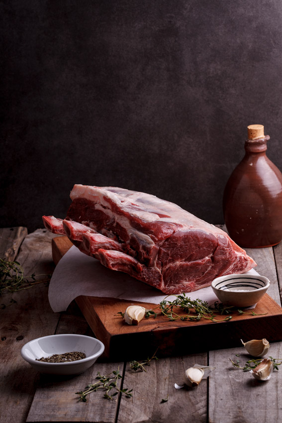 A glorious prime rib beef roast, ready to be seasoned and roasted. 