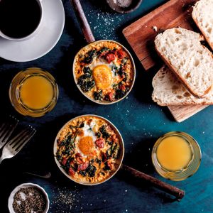 Baked eggs with chorizo and spinach