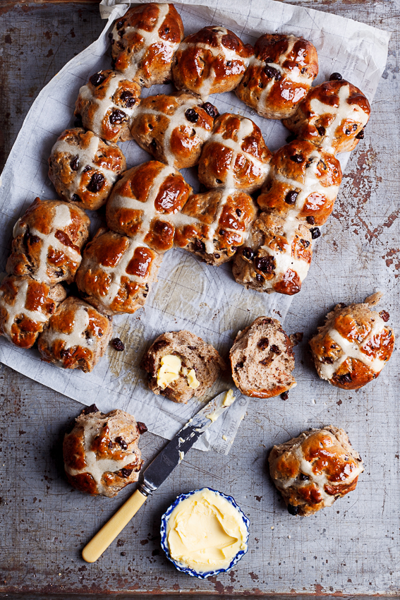 Chocolate chunk hot cross buns with butter