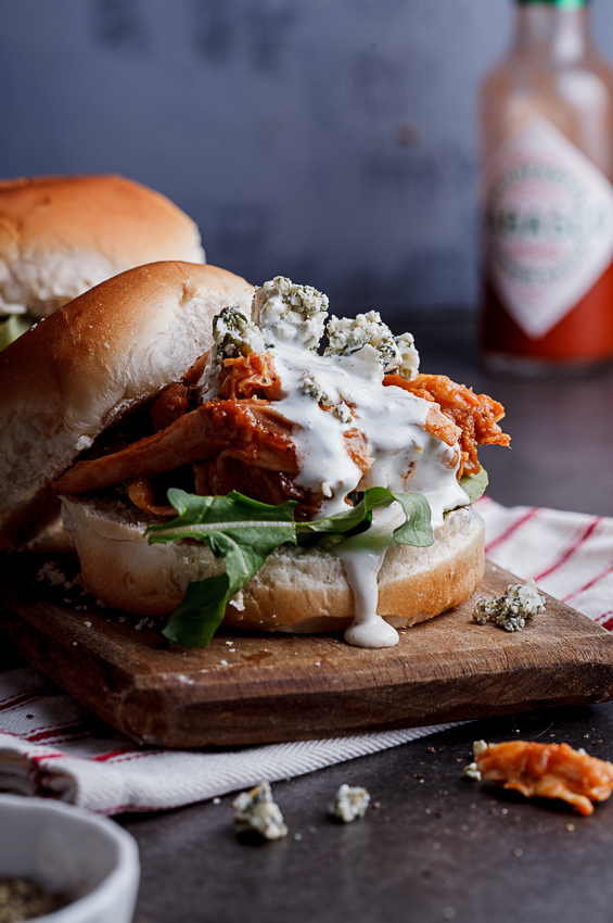 Buffalo chicken sliders with blue cheese sauce