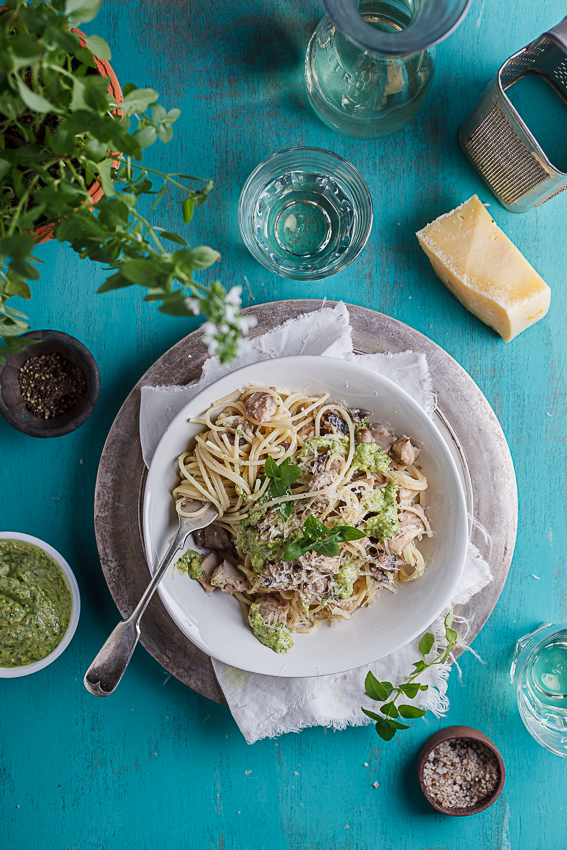 Chicken & mushroom pasta with basil pesto 