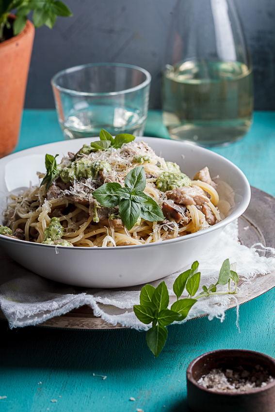 Chicken & mushroom pasta with basil pesto 