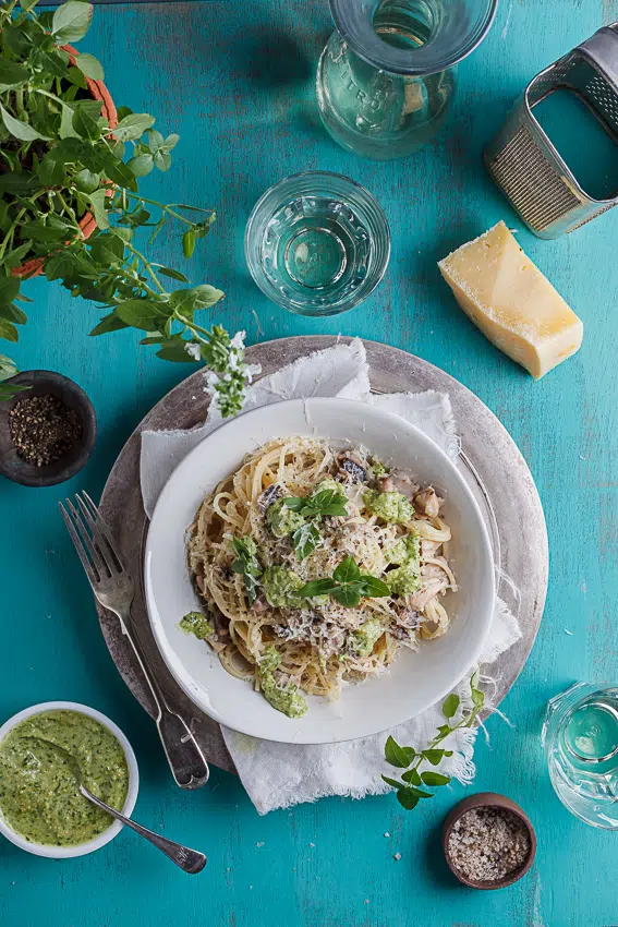 Chicken & mushroom pasta with basil pesto