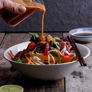 Asian noodle salad with peanut ginger dressing